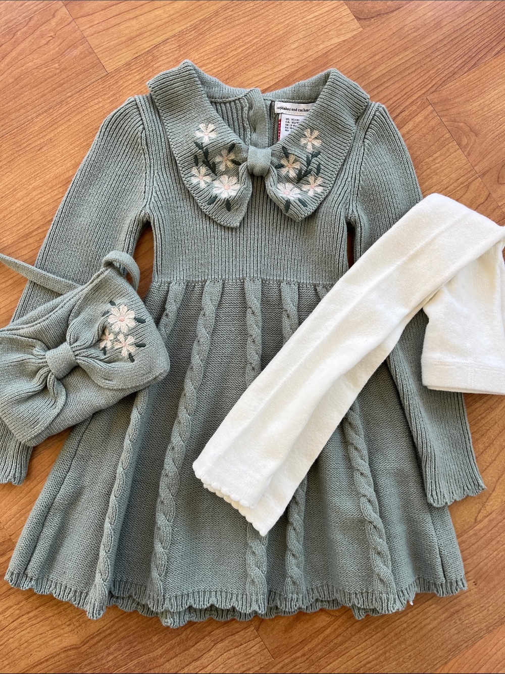 cupcakes & cashmere sage green knit floral dress with matching purse and tights